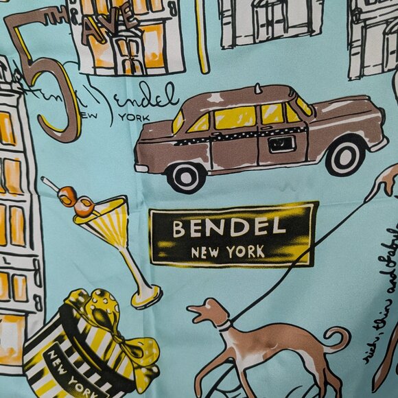 Henri Bendel 100% Silk Scarf, NYC motif, 34"X34"  Aqua Background - Picture 2 of 7